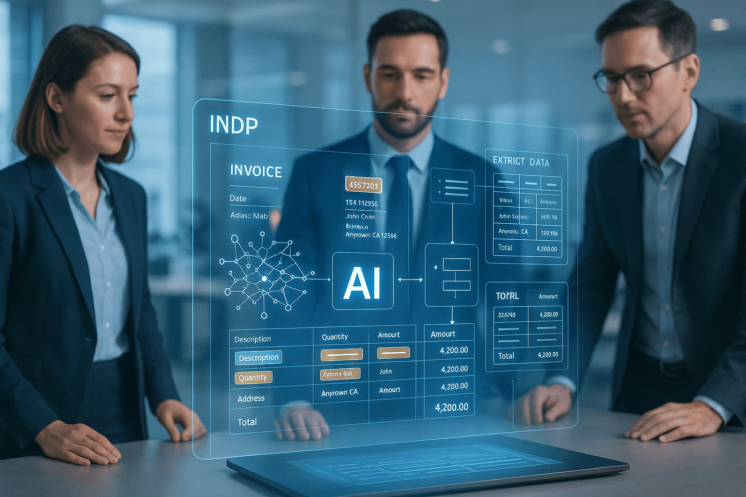 Specjaliści biznesowi analizują holograficzny interfejs AI do inteligentnego przetwarzania dokumentów, który automatycznie odczytuje i wyodrębnia dane z faktury.
