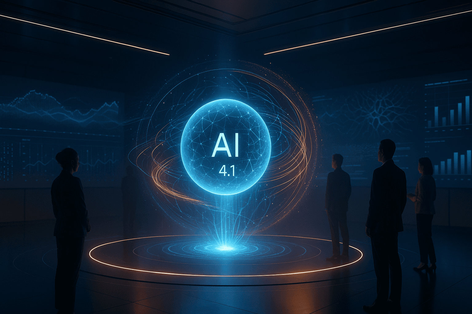 Grupa osób obserwuje holograficzną kulę z oznaczeniem „AI 4.1” w futurystycznej sali z wykresami i wizualizacjami danych, symbolizującą rozwój zaawansowanych modeli sztucznej inteligencji.