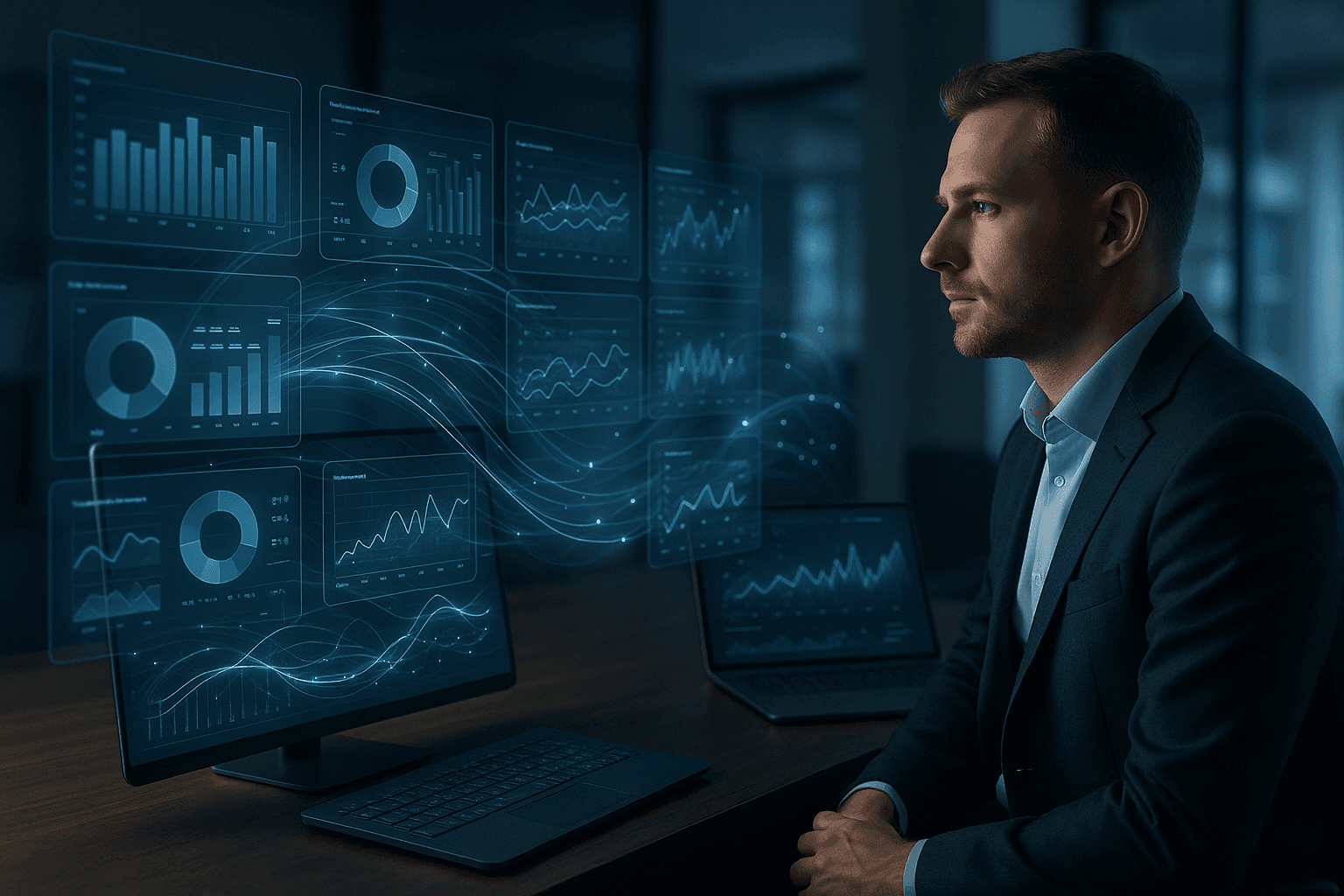 Analityk biznesowy obserwujący holograficzne wykresy i panele danych generowane przez sztuczną inteligencję na ekranach w nowoczesnym biurze.