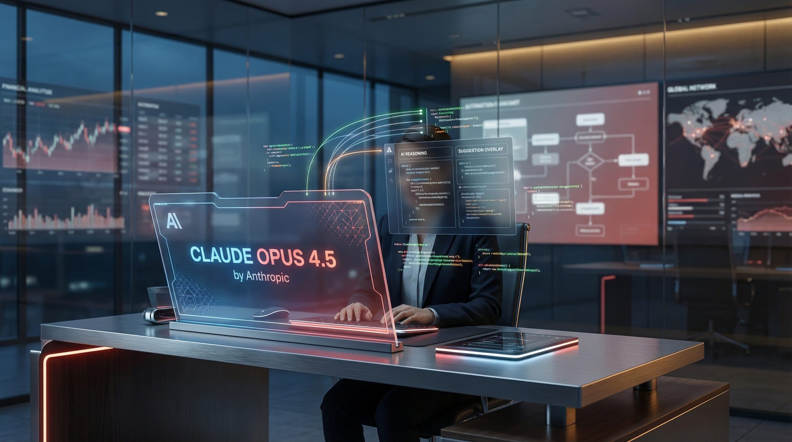 Nowoczesne stanowisko pracy z holograficznym interfejsem Claude Opus 4.5 od Anthropic, ukazujące możliwości AI w kodowaniu i analizie biznesowej.