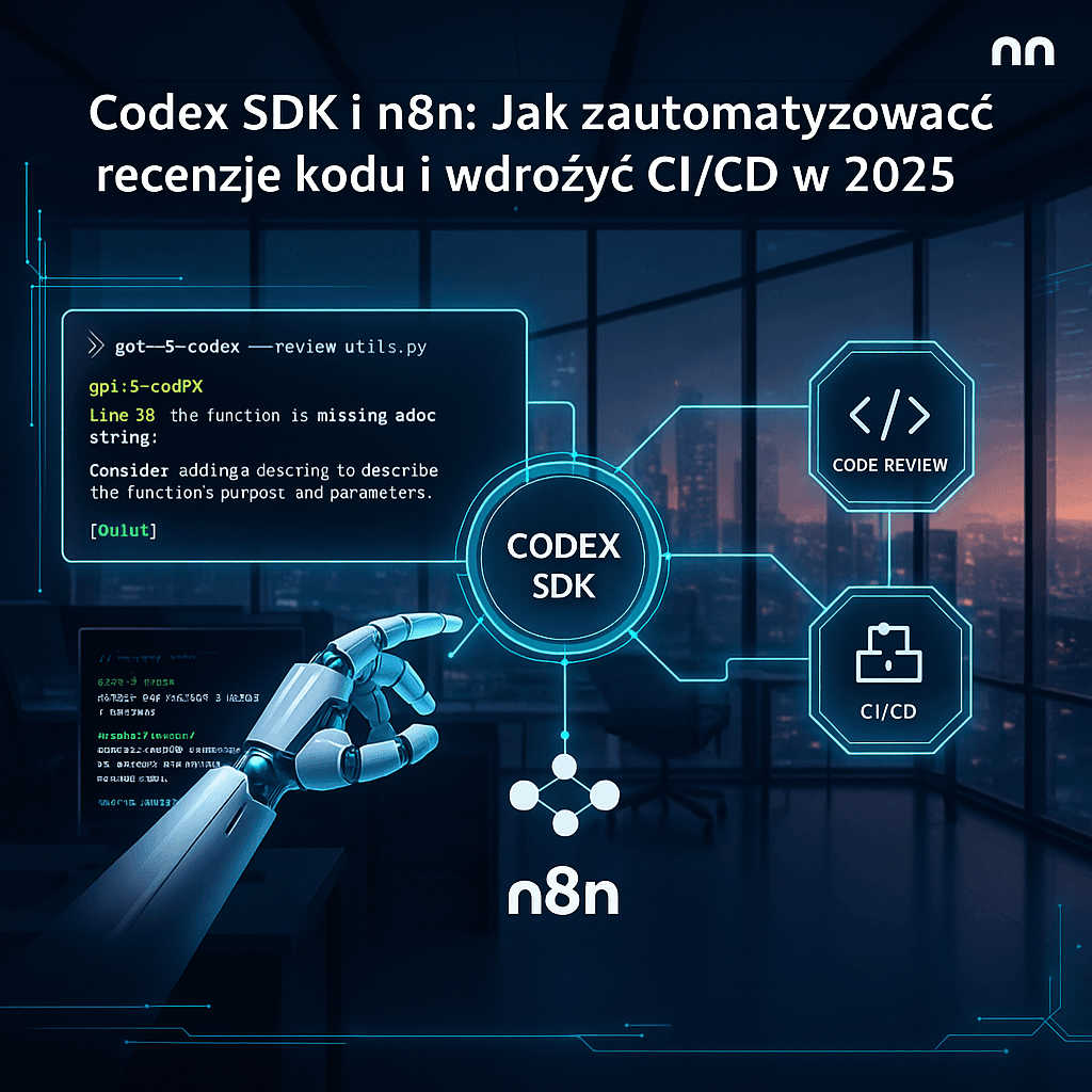 Codex-SDK-i-n8n–Automatyzacja -ecenzji-kodu-i-CICD-w-2025 Grafika przedstawia integrację Codex SDK i n8n w kontekście automatyzacji recenzji kodu oraz procesów CI/CD. W centrum znajduje się moduł Codex SDK połączony z elementami „Code Review” i „CI/CD”, a w tle widać futurystyczne biuro z widokiem na miasto.