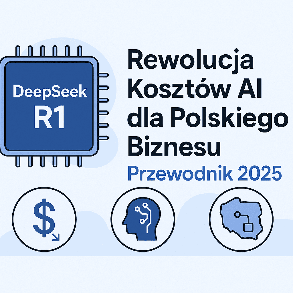 DeepSeek R1_Rewolucja_Kosztów_AI_dla_Polskiego_Biznesu_Przewodnik_2025) Grafika przedstawia chip AI z napisem „DeepSeek R1” oraz trzy ikony symbolizujące redukcję kosztów, sztuczną inteligencję i mapę Polski. Ilustracja promuje przewodnik o rewolucji kosztów AI w polskim biznesie w 2025 roku.
