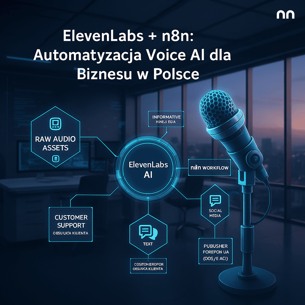 ElevenLabs + n8n – Automatyzacja-Voice-AI-dla-Biznesu-w-Polsce Grafika przedstawia integrację ElevenLabs z n8n w kontekście automatyzacji komunikacji głosowej w firmach. W centrum widoczny jest moduł ElevenLabs AI połączony z n8n workflow i elementami takimi jak obsługa klienta, media społecznościowe, publikacja treści i analiza audio.