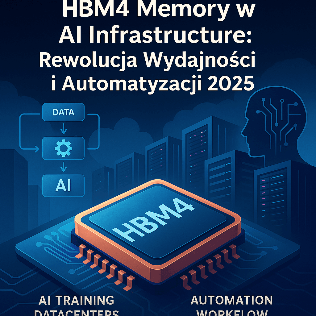 HBM4_Memory_w_AI_Infrastructure_Rewolucja_Wydajności_i_Automatyzacji 2025 Grafika przedstawia centralny układ scalony HBM4 osadzony na płycie głównej, otoczony futurystycznymi serwerami centrów danych i ikonami automatyzacji AI. Na ilustracji widoczne są etykiety „AI Training Datacenters” i „Automation Workflow”, symbolizujące zastosowanie HBM4 w rozwoju infrastruktury sztucznej inteligencji.