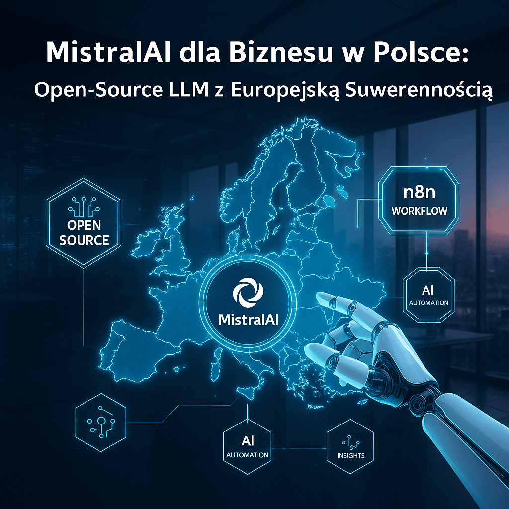MistralAI-dla-Biznesu-w-Polsce-Open-Source-LLM-z-Europejską-Suwerennością Grafika przedstawia integrację MistralAI z n8n w kontekście europejskiej automatyzacji biznesu. Na tle mapy Europy widać symbole open source, AI automation oraz workflow, połączone z logo MistralAI i robotyczną dłonią.