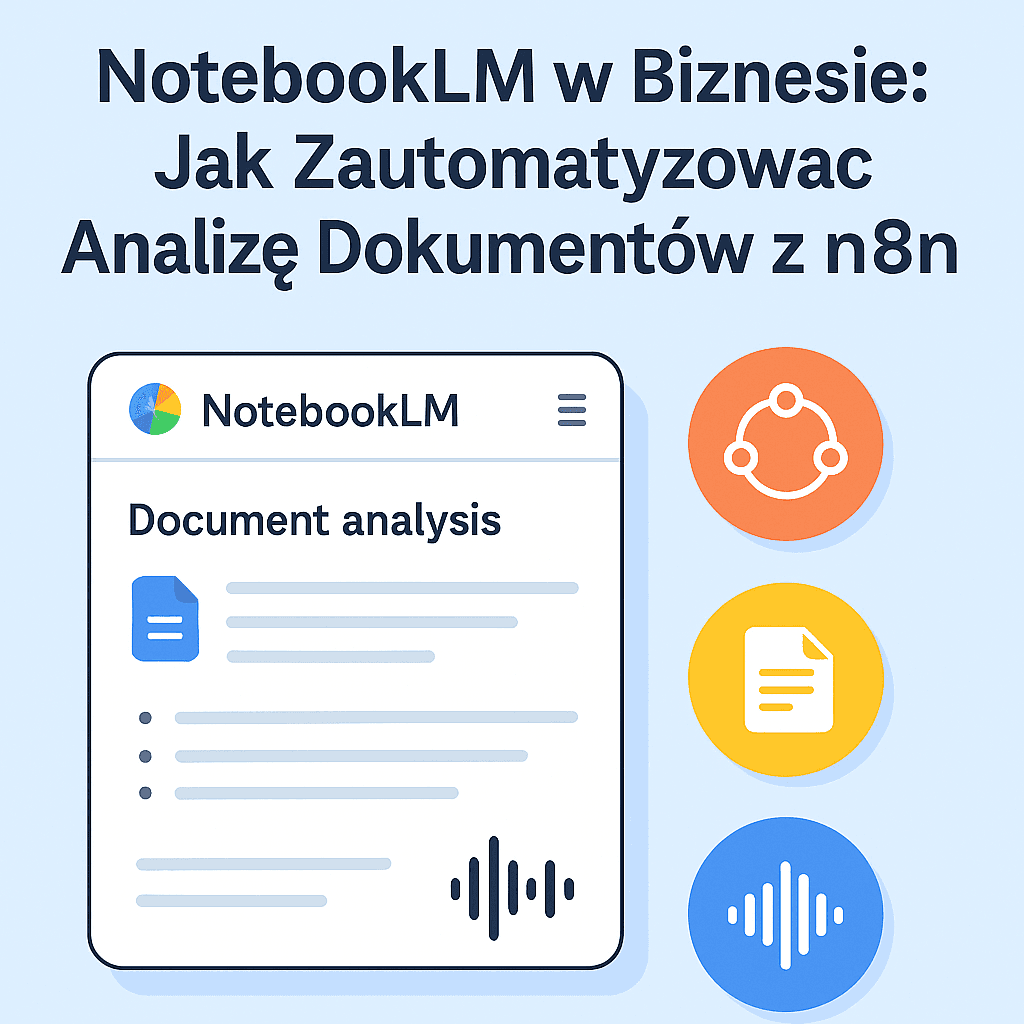 NotebookLM_w_Biznesie_Automatyzacja_Analizy_Dokumentów_z_n8n Grafika przedstawia interfejs NotebookLM z widocznym ekranem „Document analysis” oraz ikonami reprezentującymi automatyzację (n8n), dokumenty i analizę dźwięku. Ilustracja symbolizuje połączenie AI i automatyzacji w analizie firmowych danych.