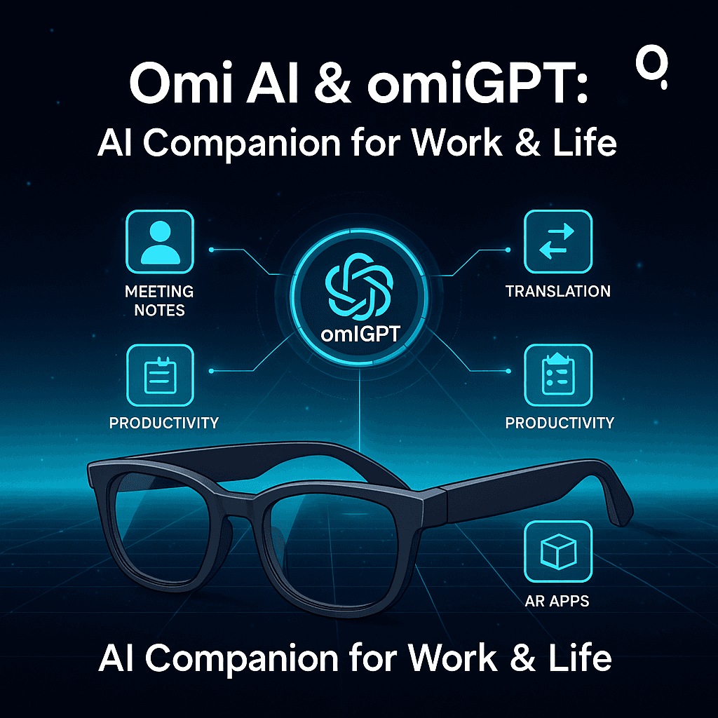 Omi AI & omiGPT – Open-Source Asystent AI do Noszenia Grafika przedstawia urządzenie Omi AI – miniaturowego asystenta sztucznej inteligencji do noszenia na szyi lub w formie klipsa. W centrum widoczne są moduły omiGPT, Omi Glass i open-source hardware połączone z ikonami AI, Notion, Zapier i n8n, symbolizujące integracje i automatyzację.