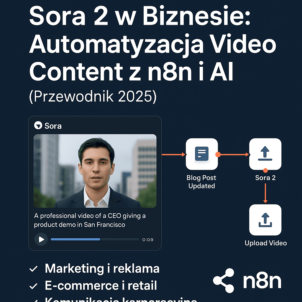 Sora_2_w_Biznesie_Automatyzacja_Video_Content_z_n8n_i_AI Grafika przedstawia integrację Sora 2 z n8n i AI w procesie automatyzacji tworzenia treści wideo dla firm. Na obrazie widać interfejs Sora 2 z generowanymi klipami wideo, schemat workflow n8n oraz elementy pokazujące publikację na platformach takich jak YouTube, LinkedIn i TikTok.