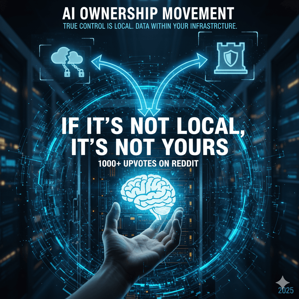 AI Ownership Movement: „If It’s Not Local, It’s Not Yours” – Kontrola Danych w 2025 Ilustracja przedstawiająca hasło "If It's Not Local, It's Not Yours" z ikonami chmury, tarczy bezpieczeństwa i mózgu AI w dłoni, symbolizująca ruch na rzecz lokalnego posiadania i przetwarzania sztucznej inteligencji.