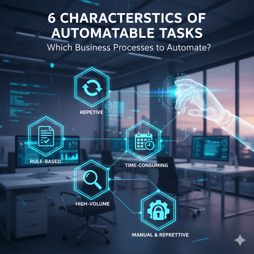 cechy-zadan-do-automatyzacji-procesy-biznesowe-n8n Grafika przedstawiająca cyfrowe biuro z elementami sztucznej inteligencji oraz napisy „6 characteristics of automatable tasks”. Obraz ilustruje sześć cech zadań nadających się do automatyzacji procesów biznesowych – powtarzalność, reguły, czasochłonność, duży wolumen, praca manualna i oparte na zasadach działania.