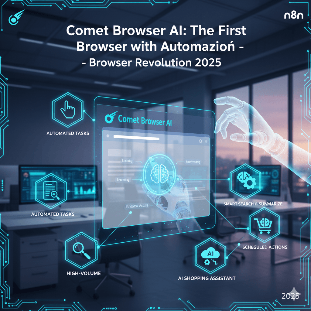 Comet Browser AI: Rewolucyjna Przeglądarka z Automatyzacją na rok 2025 Ilustracja interfejsu Comet Browser AI z robotycznymi dłoniami, symbolizująca automatyzację zadań i inteligentne funkcje wyszukiwania, na tle nowoczesnego biura.