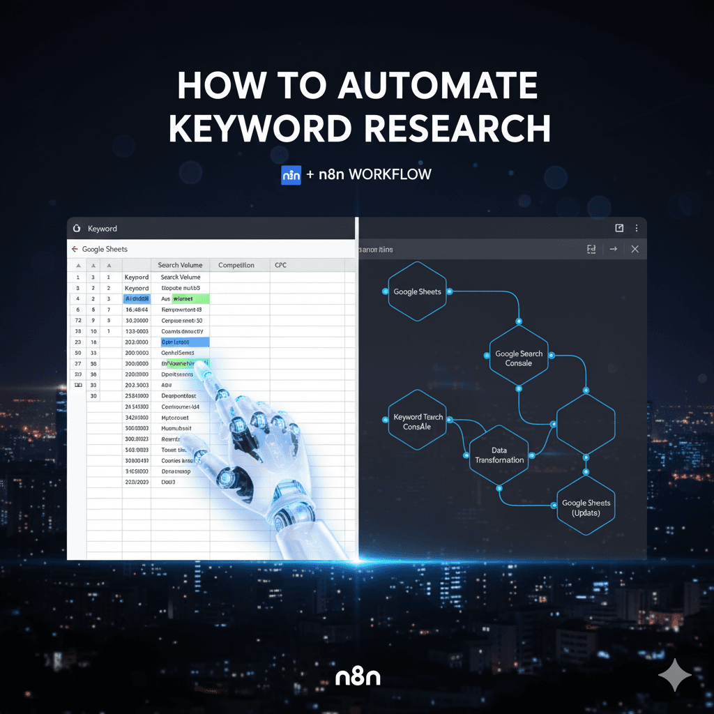 google-sheets-seo-automatyczne-badanie-slow-kluczowych-n8n (2) Grafika przedstawiająca połączenie arkusza Google Sheets z workflow w n8n. Obraz symbolizuje automatyczne badanie słów kluczowych w SEO z wykorzystaniem integracji Google Sheets i n8n.