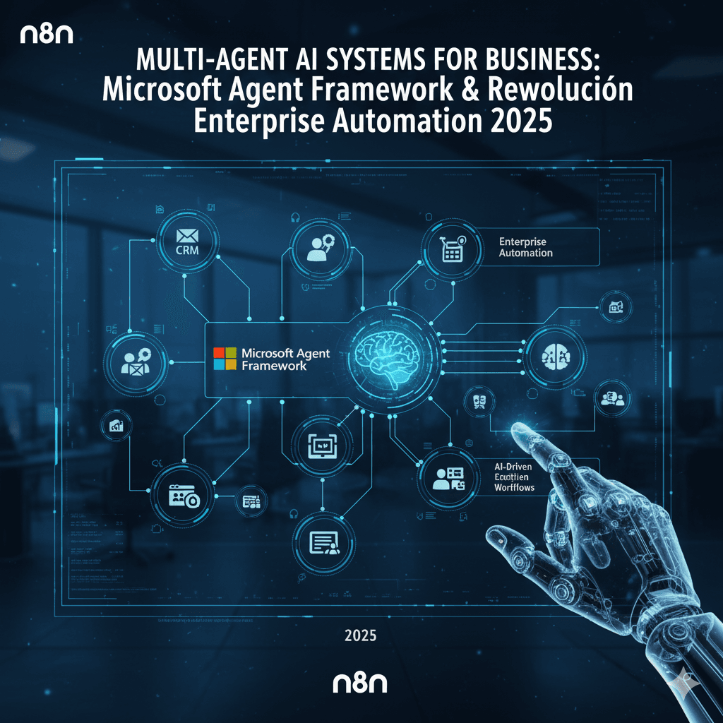 Multi-Agent AI Systems w Biznesie: Microsoft Agent Framework i Automatyzacja Enterprise Ilustracja przedstawiająca Microsoft Agent Framework w centrum złożonego systemu AI multi-agent, z połączonymi ikonami CRM i automatyzacji przedsiębiorstw, robotyczna dłoń wskazuje na interfejs