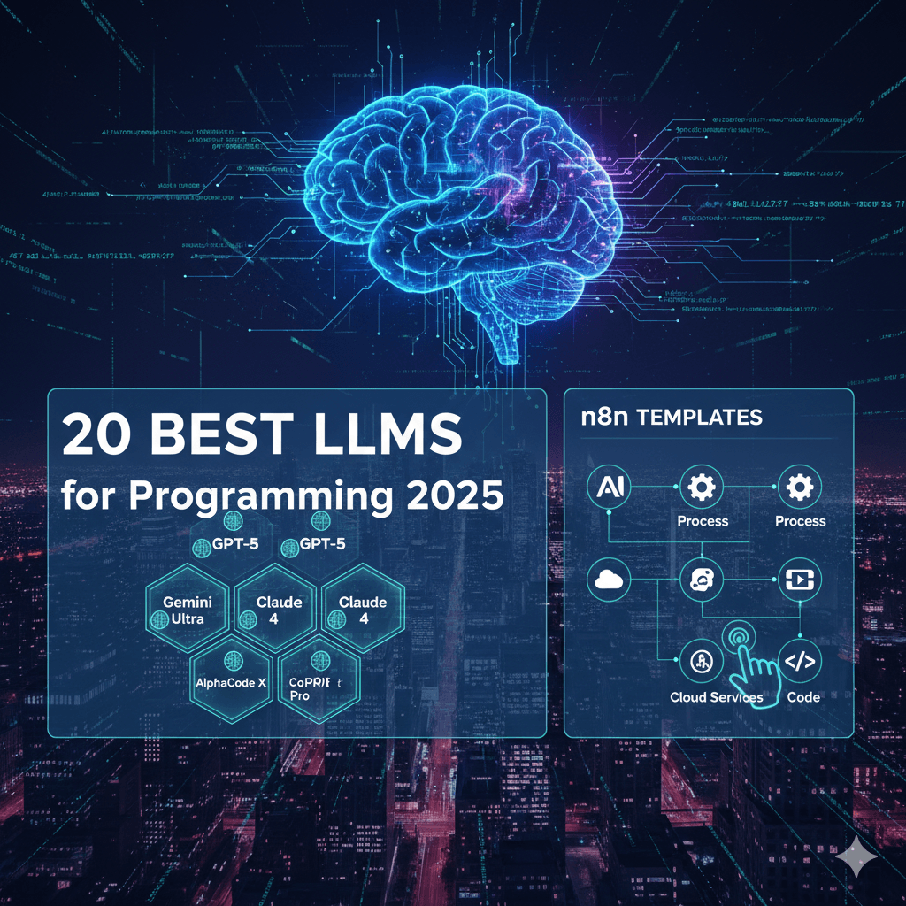 najlepsze-llm-programowanie-2025-n8n-ai-automatyzacja Grafika przedstawiająca cyfrowy mózg symbolizujący sztuczną inteligencję oraz napisy „20 Best LLMs for Programming 2025” i „n8n templates”. Obraz promuje najnowsze modele GPT-5, Claude 4, Gemini Ultra, AlphaCode X i CoPilot Pro wykorzystywane do automatyzacji procesów programowania z użyciem n8n.