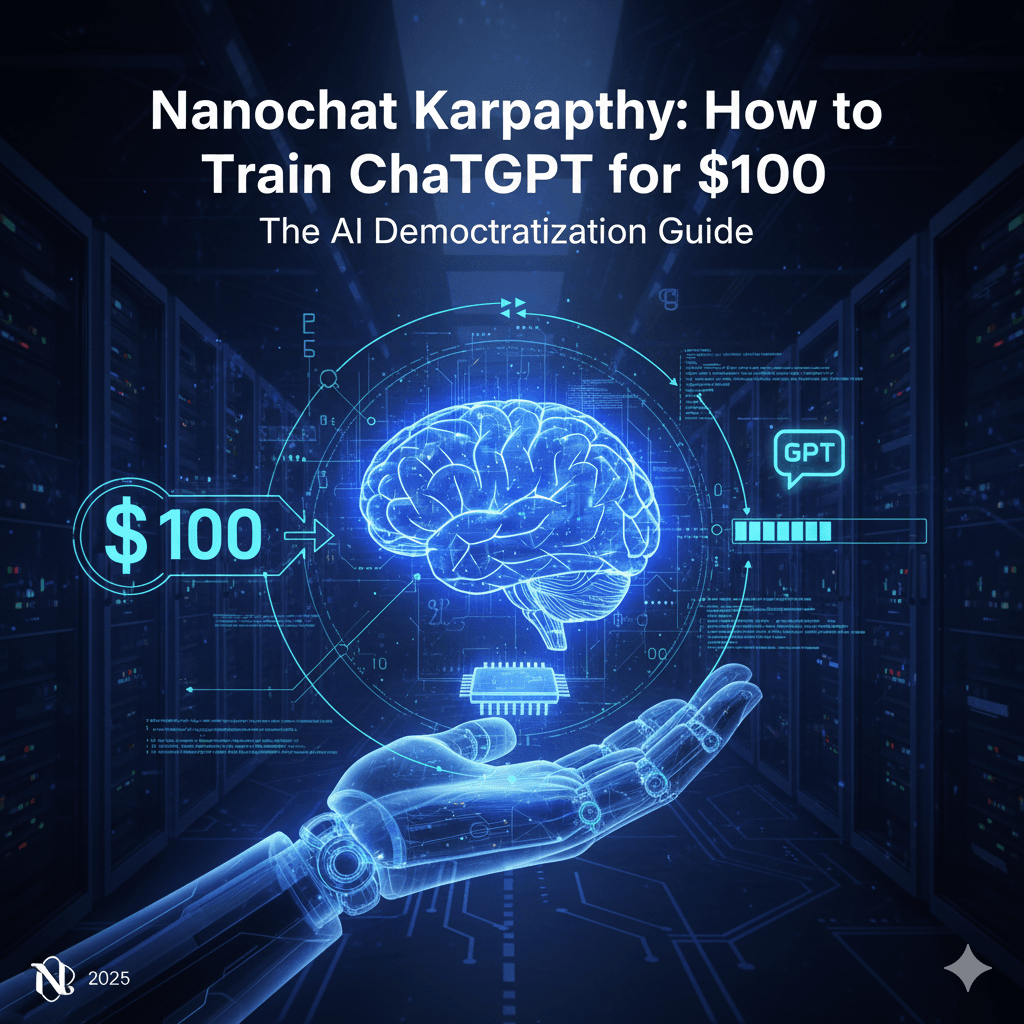 Nanochat Karpathy: Jak Wytrenować ChatGPT za $100 – Przewodnik Demokratyzacji AI Ilustracja przedstawiająca mózg AI w dłoni robota, symbolizująca niski koszt ($100) trenowania modelu AI, z paskiem postępu "GPT", na tle serwerowni.