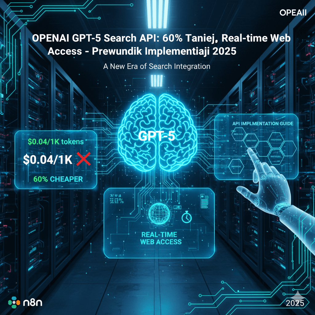 OpenAI GPT-5 Search API: 60% Taniej, Real-time Web Access – Przewodnik Implementacji Ilustracja przedstawiająca mózg z napisem "GPT-5" połączony z informacjami o niższej cenie ($0.04/1K tokenów), dostępie do sieci w czasie rzeczywistym i przewodniku implementacji API, z robotyczną dłonią w tle.