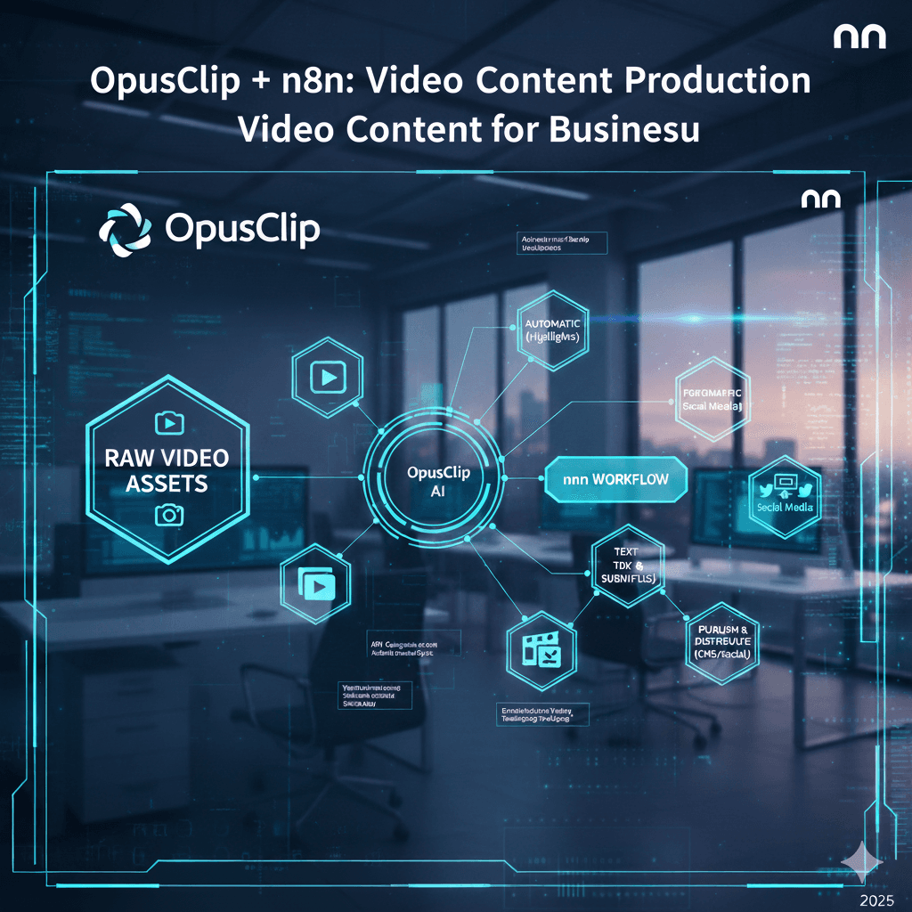 opusclip-n8n-automatyzacja-video-content-dla-biznesu Grafika przedstawiająca integrację OpusClip z n8n w procesie automatyzacji produkcji video contentu. W centrum widoczny jest moduł OpusClip AI połączony z elementami workflow n8n: obróbką video, generowaniem napisów, publikacją w social media i automatyczną analizą treści.