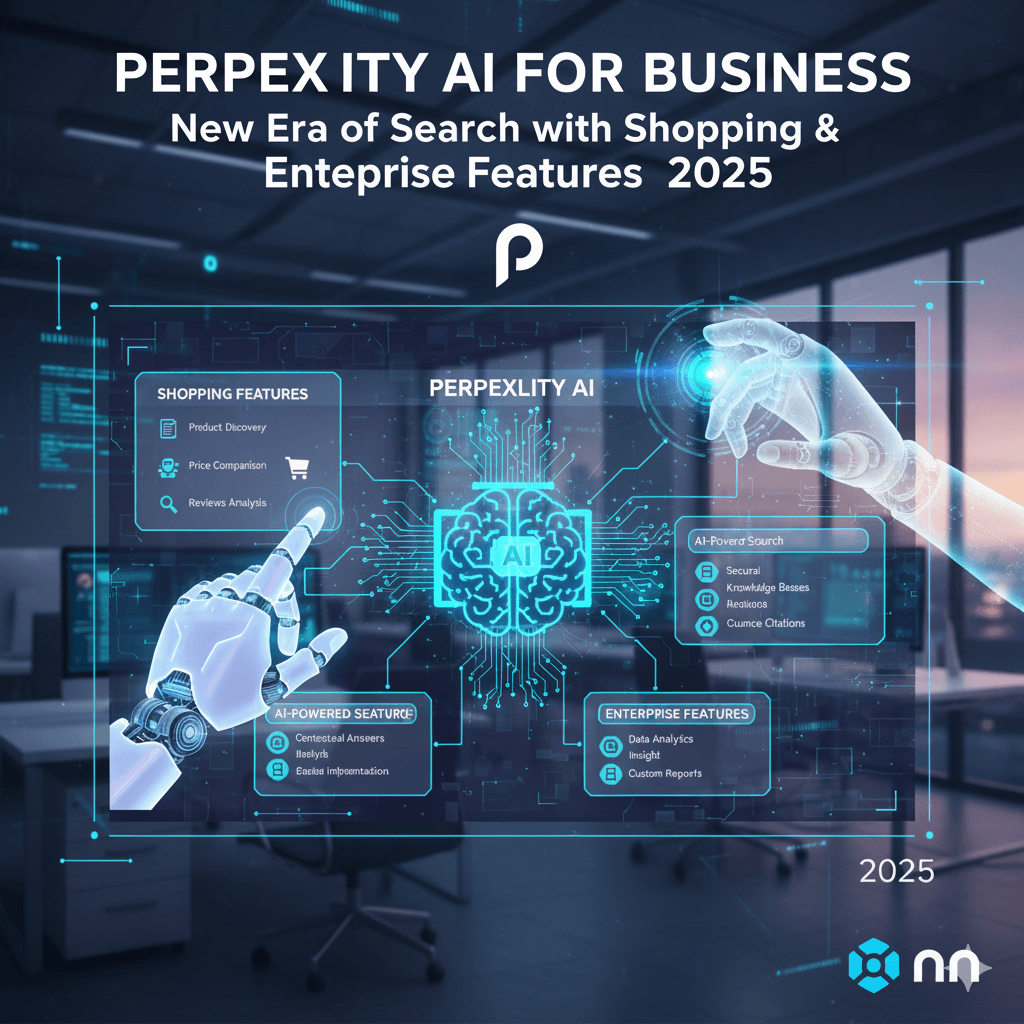 Perplexity AI dla Biznesu: Wyszukiwanie, Shopping i Enterprise Features lustracja przedstawiająca koncepcję Perplexity AI z funkcjami shoppingowymi i dla przedsiębiorstw, robotyczne dłonie interaktywne z interfejsem AI.