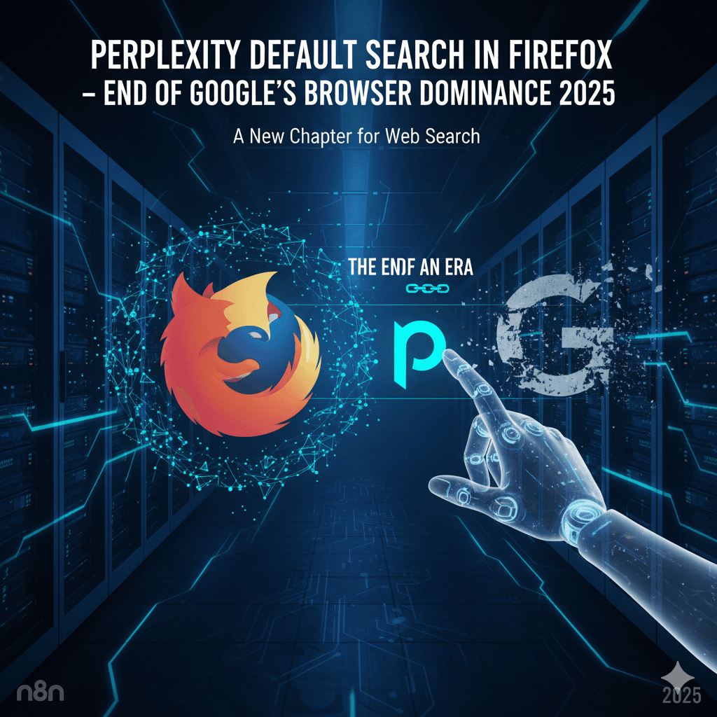 Perplexity w Firefox: Koniec Dominacji Google i Nowa Era Wyszukiwania 2025 Ilustracja przedstawiająca logo Firefoxa połączone z logo Perplexity, a zacierające się logo Google, symbolizująca zmianę domyślnej wyszukiwarki i koniec dominacji Google, na tle serwerowni.