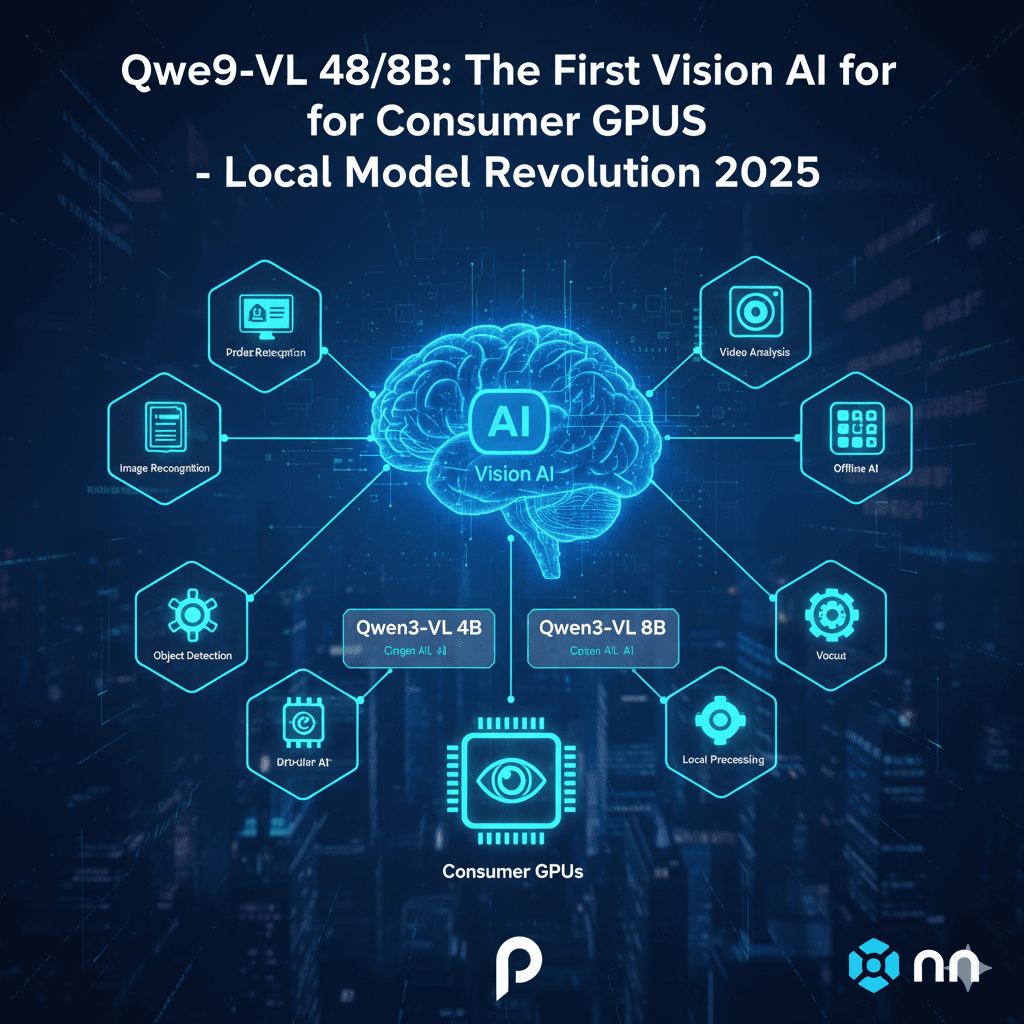 Qwen3-VL: Vision AI dla Konsumenckich GPU i Rewolucja Lokalnych Modeli Ilustracja przedstawiająca mózg z napisem "Vision AI" połączony z ikonami GPU konsumenckich oraz funkcjami takimi jak rozpoznawanie obrazów i wideo, symbolizująca lokalną rewolucję AI w 2025 roku.
