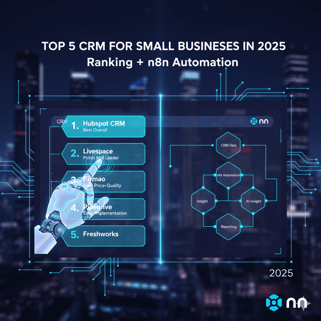 top-5-crm-dla-malych-firm-2025-ranking-automatyzacja-n8n Grafika przedstawiająca ranking pięciu najlepszych systemów CRM dla małych firm w 2025 roku oraz schemat automatyzacji n8n. Widoczne są nazwy HubSpot, Livespace, Firmao, Pipedrive i Freshworks wraz z symbolami AI i automatyzacji.