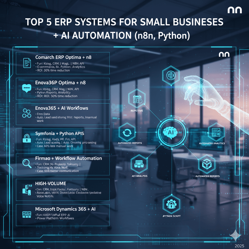 top-5-systemow-erp-male-firmy-automatyzacja-ai-n8n-python Grafika przedstawiająca pięć najlepszych systemów ERP dla małych firm w 2025 roku oraz schemat automatyzacji AI z wykorzystaniem n8n i Pythona. Widać listę Comarch ERP Optima, Enova365, Symfonia, Firmao i Microsoft Dynamics 365 z modułami automatyzacji.
