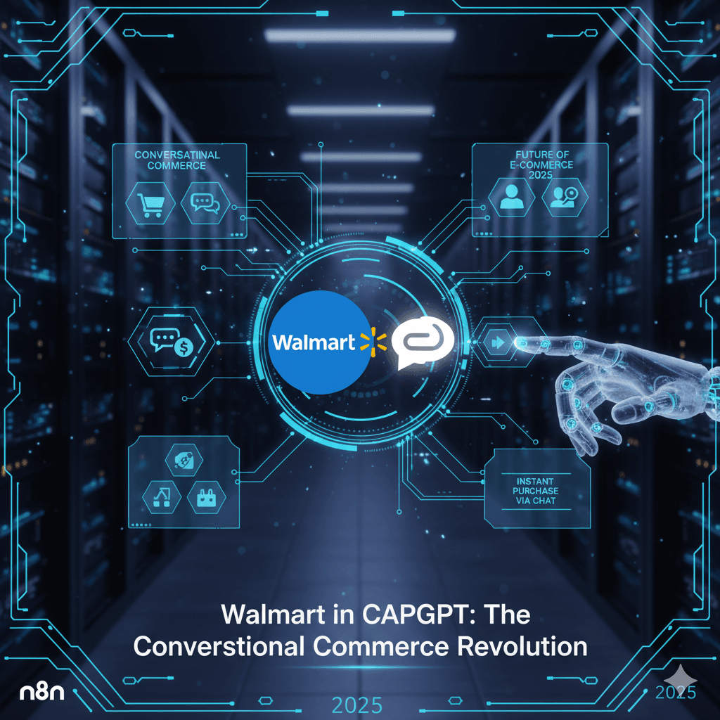 Walmart w ChatGPT: Rewolucja Conversational Commerce i Przyszłość E-commerce 2025 Ilustracja przedstawiająca logo Walmart połączone z ikoną chatu (ChatGPT), otoczone symbolami handlu konwersacyjnego, natychmiastowych zakupów i przyszłości e-commerce, z robotyczną dłonią w tle.