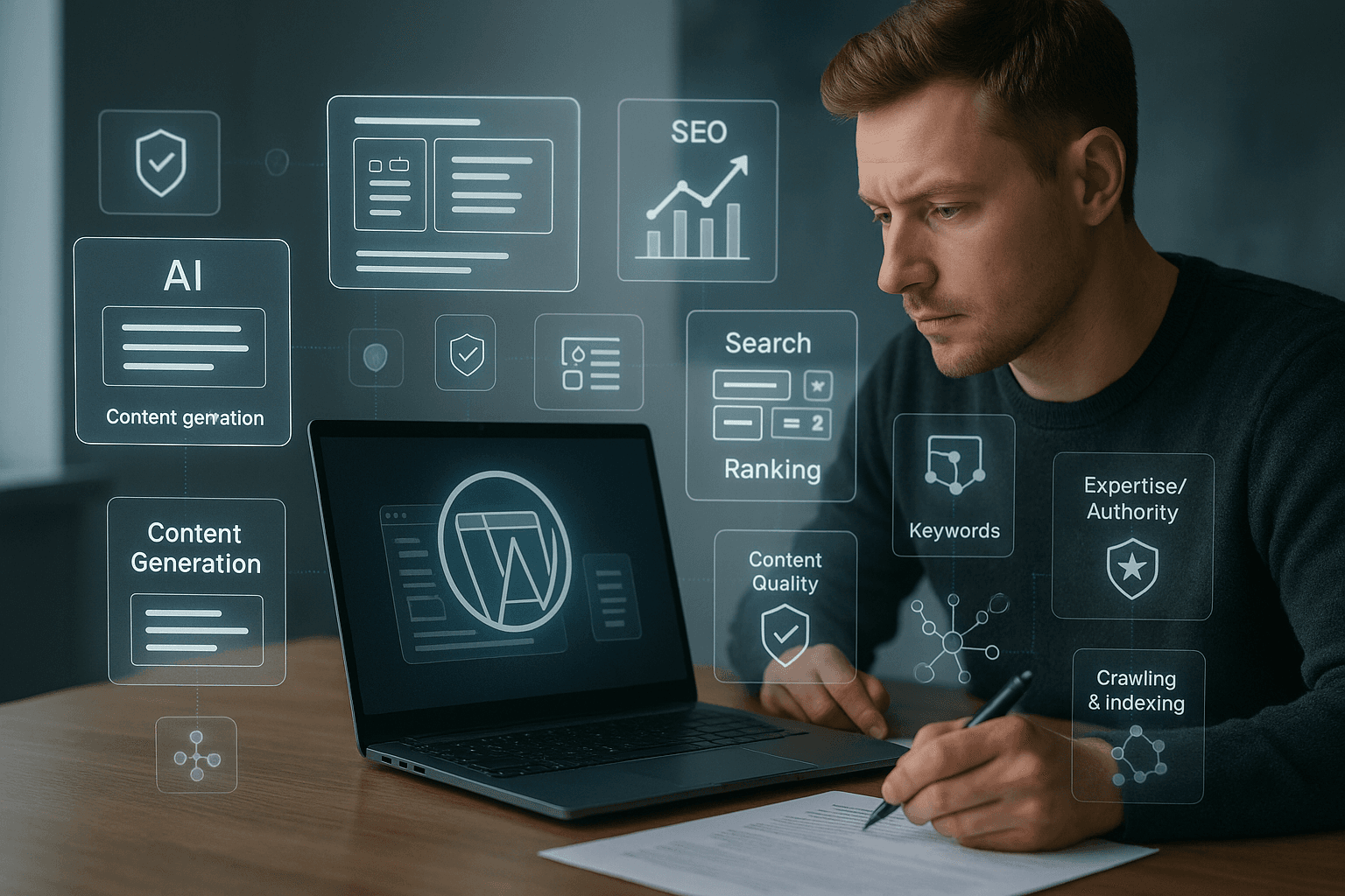 WordPress z AI – integracja sztucznej inteligencji i SEO Osoba analizująca treści i dane SEO na laptopie z holograficznymi panelami dotyczącymi AI, jakości treści, słów kluczowych i rankingów wyszukiwania.