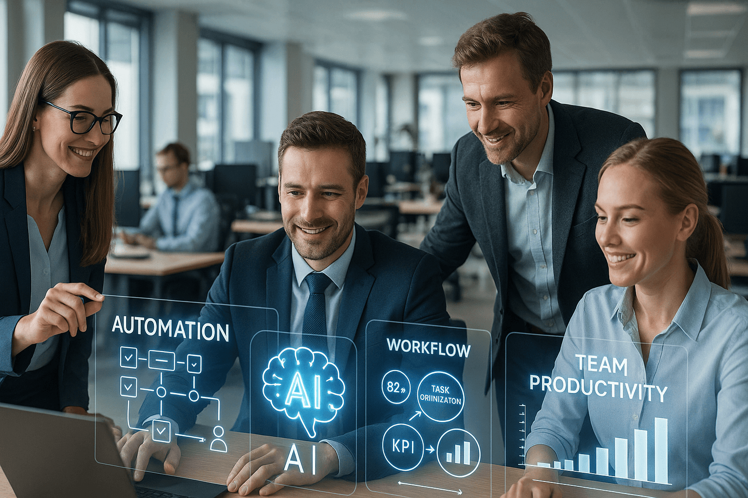 Zespół pracowników analizujący dane automatyzacji AI — workflow, produktywność zespołu i automatyzacja procesów biznesowych.