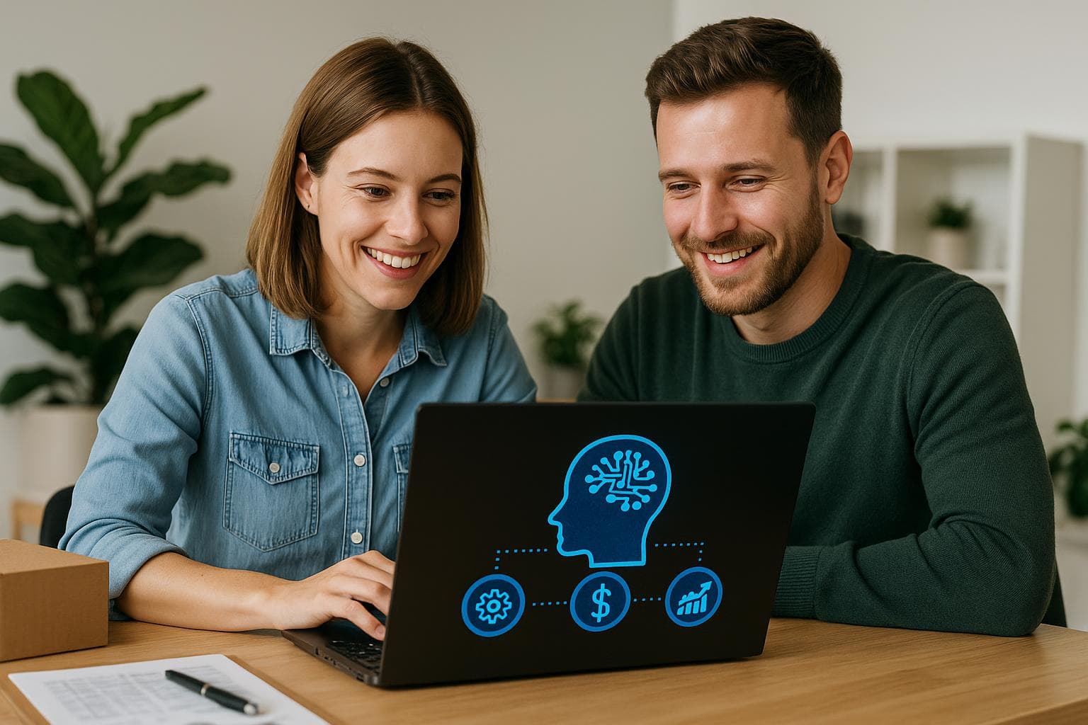 Automatyzacje AI dla firm — obniżenie kosztów i zwiększenie wydajności Grafika przedstawiająca automatyzacje AI dla firm: roboty, wykresy wzrostu wydajności i oszczędności