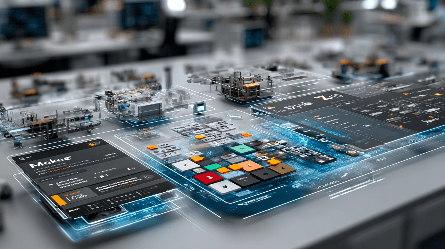 n8n_vs_Make_vs_Zapier_automatyzacja_i_workflow_porównanie Porównanie narzędzi automatyzacji n8n, Make i Zapier przedstawione jako futurystyczne panele workflow w stylu high-tech, ukazujące różnice w funkcjach i skalowalności.