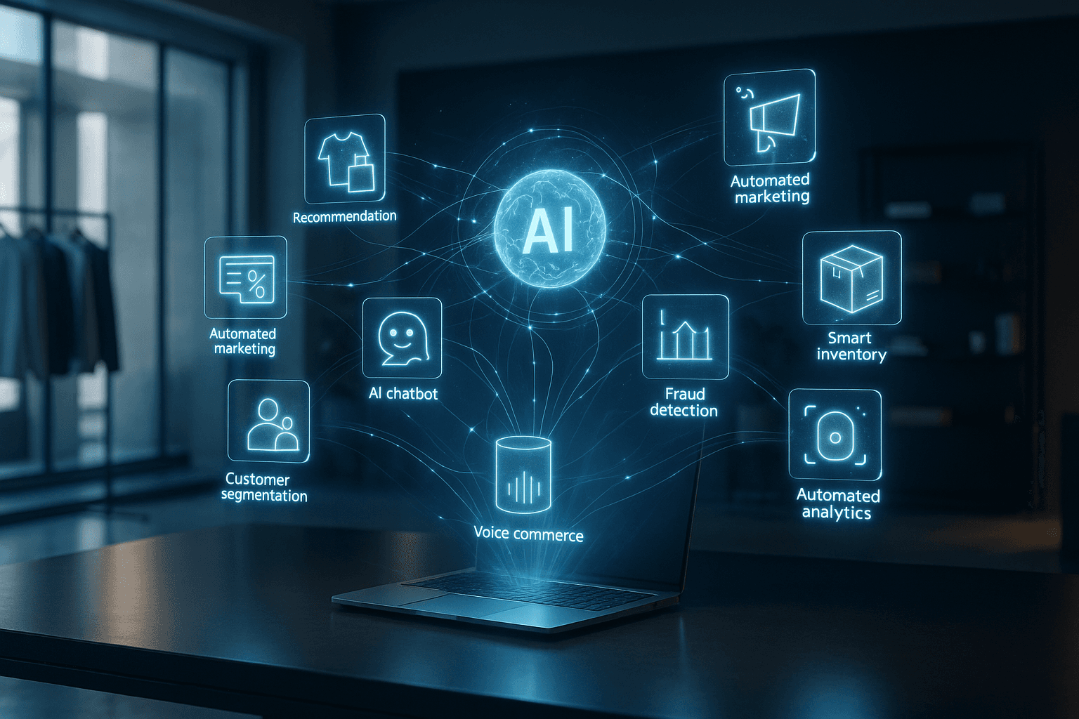 Zastosowania sztucznej inteligencji w e-commerce Laptop wyświetlający holograficzne ikony przedstawiające różne zastosowania sztucznej inteligencji w e-commerce, takie jak rekomendacje, chatboty, automatyzacja marketingu i analityka.